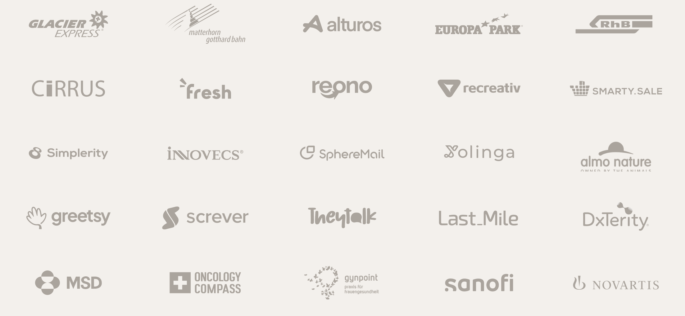 Glacier Express, Matterhorn Gotthard Bahn, Alturos, Europa-Park, RhB, Cirrus, Fresh, Reono, Recreativ, Smarty.Sale, Simplerity, Innovecs, SphereMall, Olinga, Greetsy, Screver, TheyTalk, Last.Mile, Almo Nature, MSD, Oncology Compass, Gunpoint, Sanofi, Novartis and DxTerity