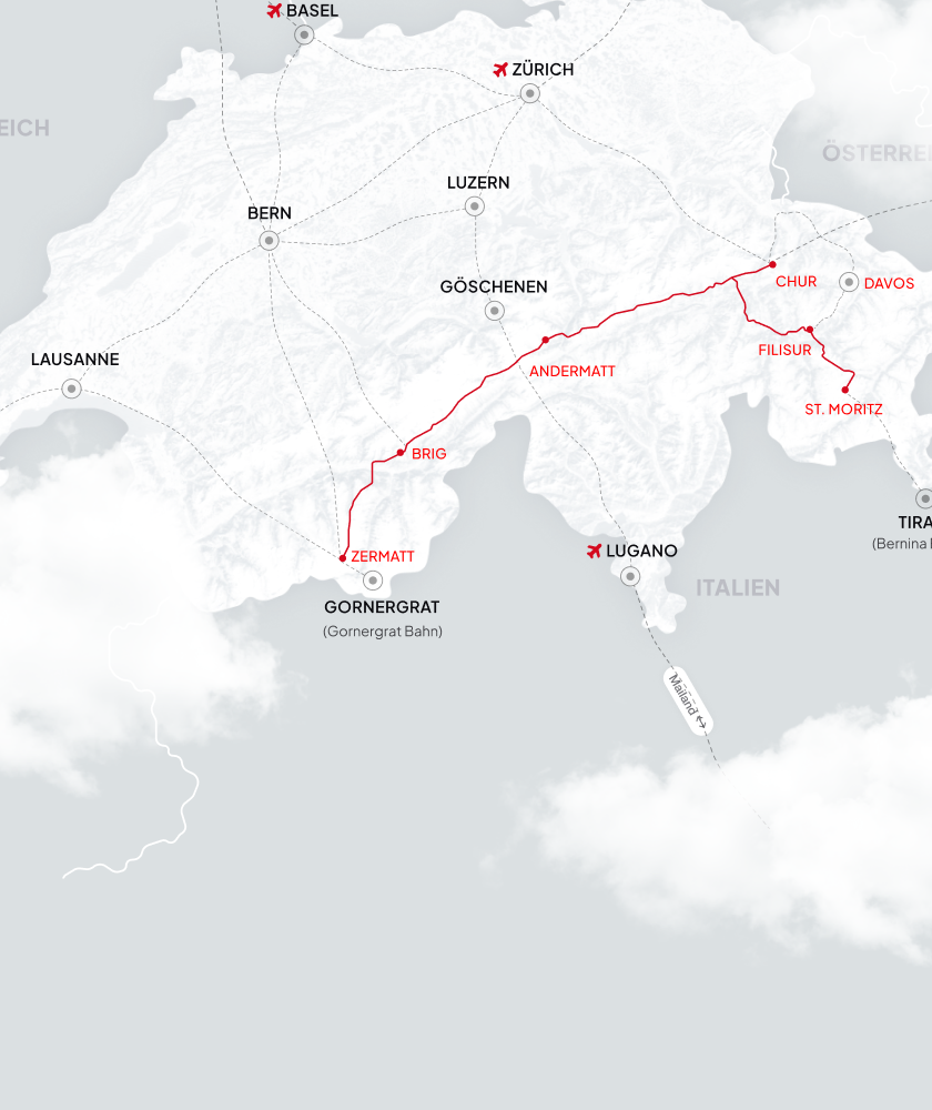 Glacier Express route map through the Swiss Alps