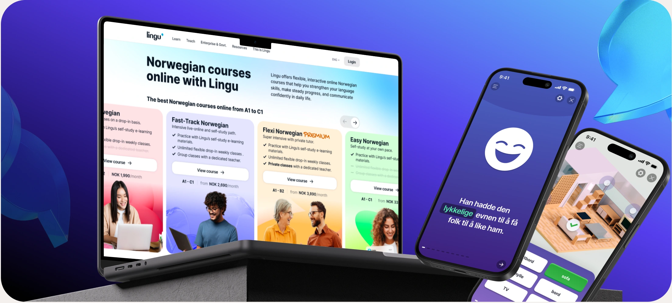 Lingu website on a laptop and two language learning mobile apps