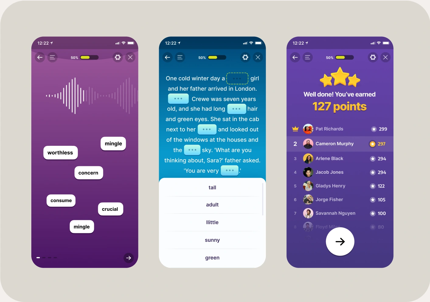 Vocabulary, listening exercises, and learning leaderboard