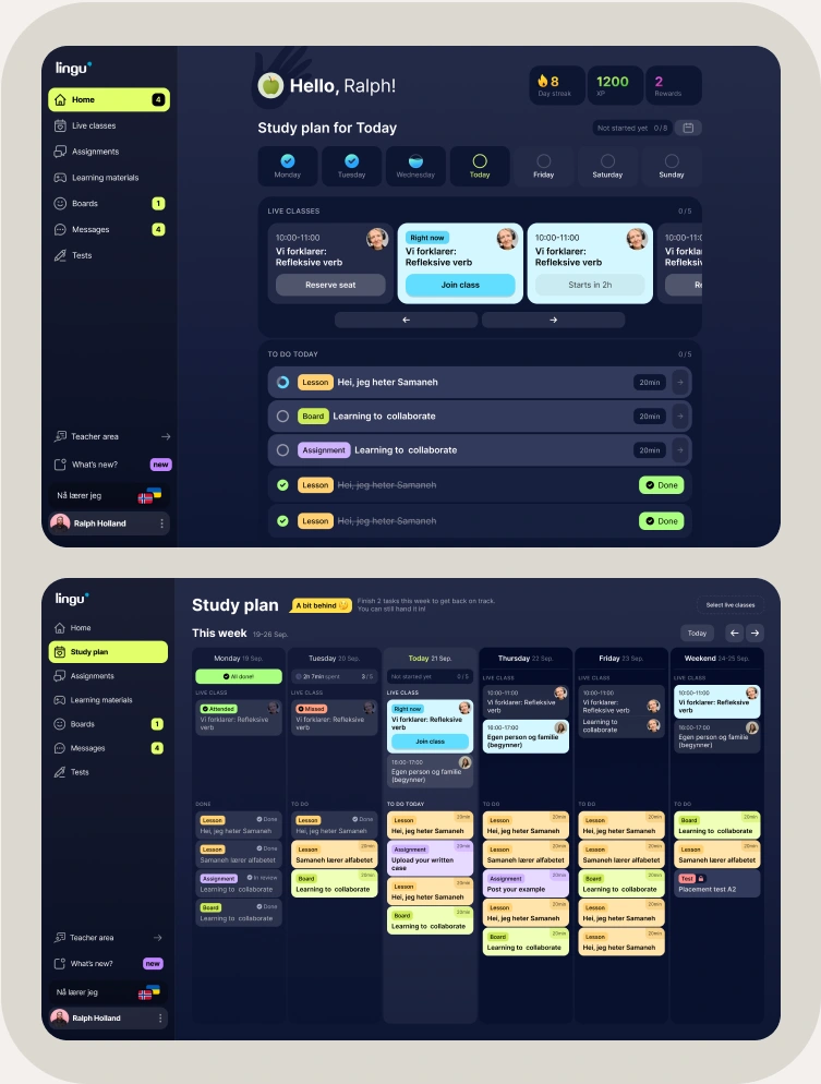 Lingu learning dashboard and study plan