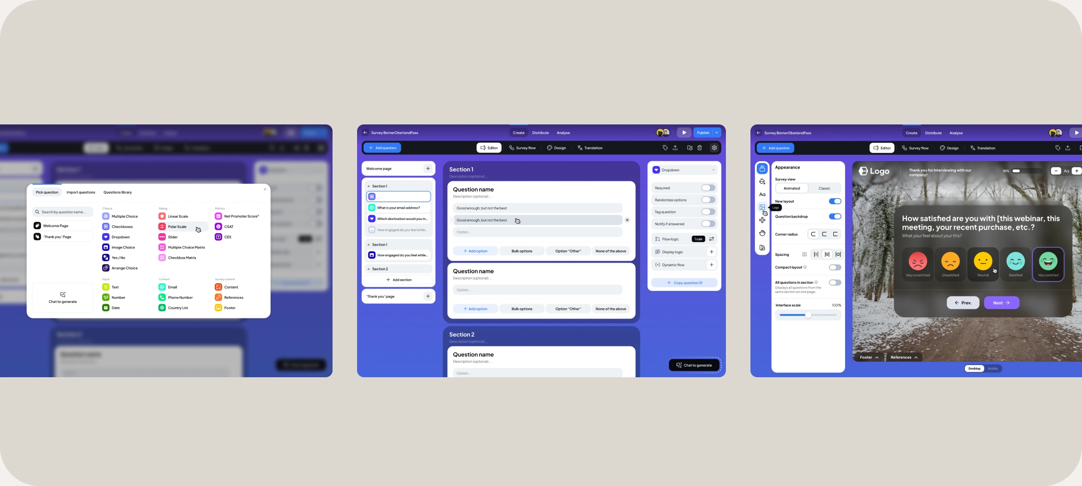 Question types, survey editor, and branded survey appearance controls